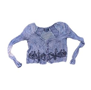 Boho Embroidered Long Sleeve Button Up Crop Top Blouse by Mink Pink Size XS